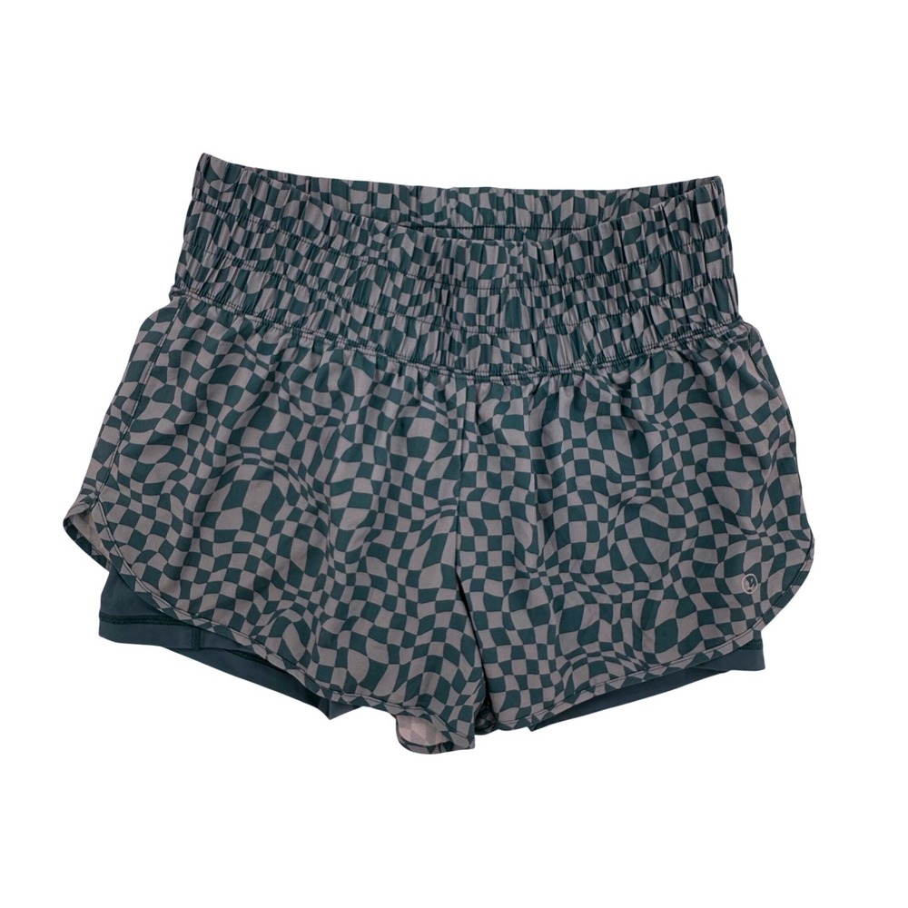 Gilly Hicks Teal Warped Checkerboard Smocked Waist Athletic Shorts Size Medium